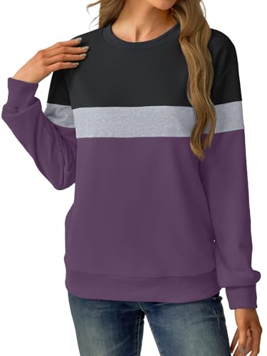 GKBK Womens Sweatshirts Cotton Crew Neck Lightweight Pullover Pocket Tops - color: Black Purple, size: Small