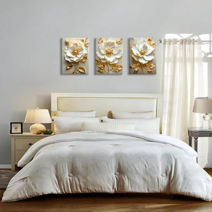 WENGTIAO Modern White Floral Golden Leaves Canvas Wall Art Set 12x16 x3Pcs - color: Flower-golden leaf, size: 12"x16"x3Pcs