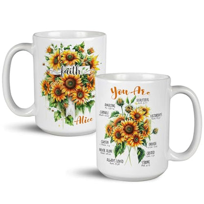 Faith Cross With Sunflowers Design On Mug, Personalized Christian Ceramic Cup, Custom Name Coffee Mug 15oz, Inspirational Bible Verses White Cup, Religious Gift For Friend Family - color: XUA-624-2301-Faith Cross