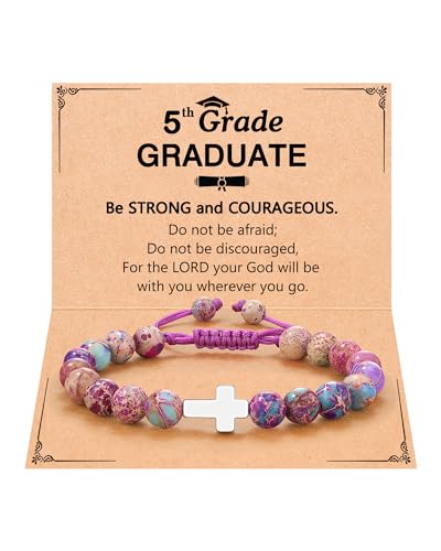 UPROMI Cross Bracelet for Girls Baptism Communion Confirmation Gifts, Kindergarten/Preschool/5th Grade/8th Grade Graduation Gifts - style: 5th Grade Grad