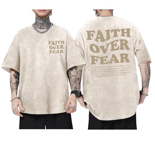 Christian Shirts for Men Faith Over Fear Oversized Tees - color: Apricot, size: 4X-Large