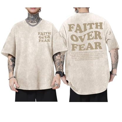 Christian Shirts for Men Faith Over Fear Oversized Tees - color: Apricot, size: 4X-Large