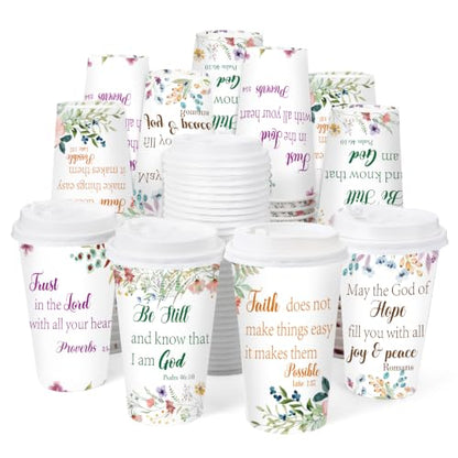 100 Pack 16 oz Disposable Cups with Lids Christian Floral - style: Christian Floral