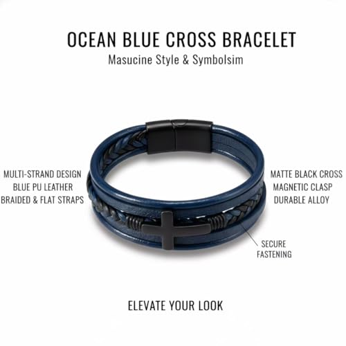 Stainless Steel Braided Leather Bracelet for Men Cuff Bangle Cross - color: Blue&Black