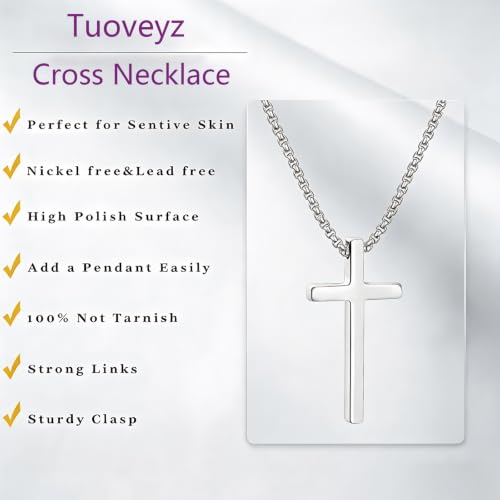 Cross Necklace for Men, Silver Black Cross Stainless Steel Pendant Necklace, Mens Necklace 18, 20, 22, 24 Inch (2Pcs)