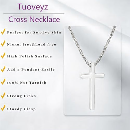 Cross Necklace for Men, Silver Black Cross Stainless Steel Pendant Necklace, Mens Necklace 18, 20, 22, 24 Inch (2Pcs)