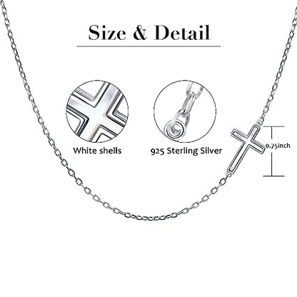 DAOCHONG S925 Sterling Silver Sideways Cross Choker Necklace 14+4 Inch - color: Silver-Oyster Shell