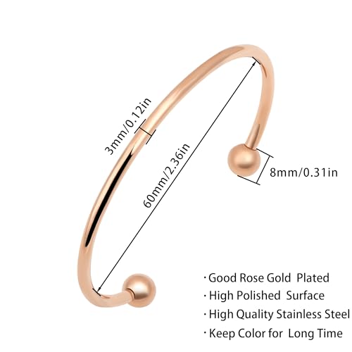 Stainless Steel Simple Cuff Bangle Bracelets for Women Gold/Silver/Rose Gold Plated Torque Bangles 3mm Stacking Open Cuff Bangles 2 Pcs/lot Gifts Jewelry for Women Men (Inner=60mm) - color: Rose gold tone, size: Inner Dia=60mm