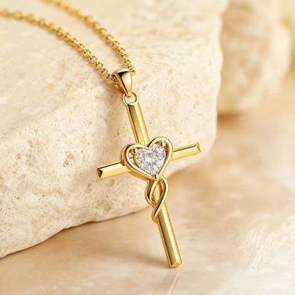 Birthstone Cross Necklace for Women 14K Gold Plated Heart Infinity Cross Pendant Necklace Christian Religious Jewelry Anniversary Birthday Gifts for Wife Mom Her - color: Apr/Diamond(Created)