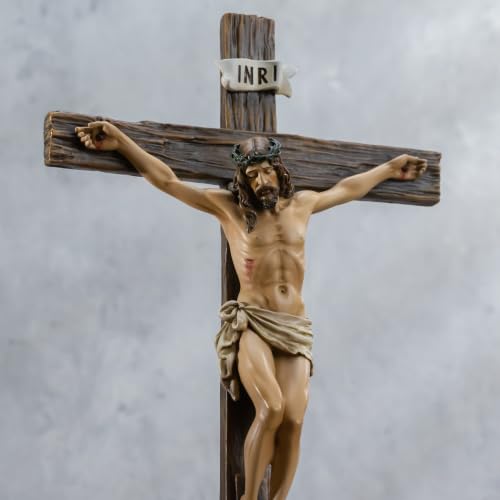 BC Catholic Crucifix Standing Cross with Rose Stone Base 12"H - size: 12 inches H