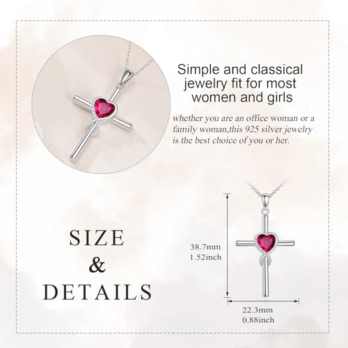 S925 Sterling Silver Cross Necklace for Women Birthstone Necklace Heart Infinity Cross Pendant Necklace Christmas Valentines Day Gifts Birthday Holiday Gifts for Her, 18"+2" Inches - color: 07-Jul Birthstone - Ruby