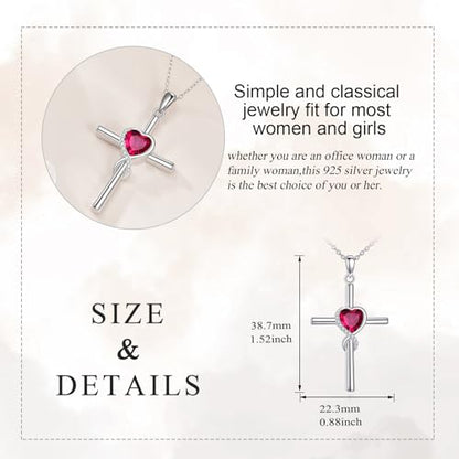S925 Sterling Silver Cross Necklace for Women Birthstone Necklace Heart Infinity Cross Pendant Necklace Christmas Valentines Day Gifts Birthday Holiday Gifts for Her, 18"+2" Inches - color: 07-Jul Birthstone - Ruby