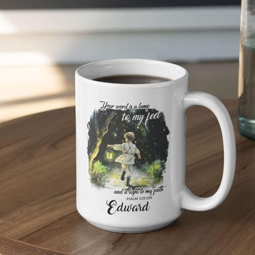 Boy Holding Lantern Cup, Custom Name Christian Mug, Religious Coffee Cup 11oz 15oz, Personalized Bible Accent Mug, Gift For Kids, Customized Christian Ceramic Cup, Motivational Religious Mug - color: XUA-624-2335-A Boy Holding A Lantern