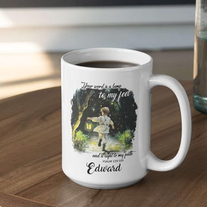 Boy Holding Lantern Cup, Custom Name Christian Mug, Religious Coffee Cup 11oz 15oz, Personalized Bible Accent Mug, Gift For Kids, Customized Christian Ceramic Cup, Motivational Religious Mug - color: XUA-624-2335-A Boy Holding A Lantern