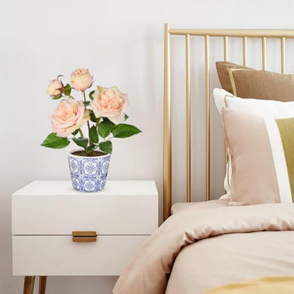 Hollyone Light Pink Real Touch Roses Artificial Flowers in Vase Blue and White Porcelain Ceramic Pot 13.4" Fake Roses Flower Arrangement Artificial Plants & Flowers Potted Plant Faux Silk Rose Flower - color: Rose 3 - Light Pink (13.4inch)