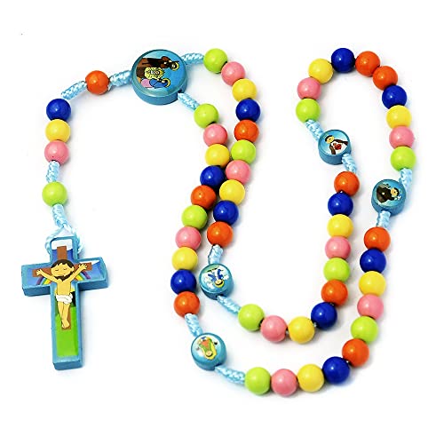 COLORFUL BLING Natural Wooden Catholic Rosaries Wood Crucifix Prayer Beads Pendant Necklace Prayer Jesus Religious Cross Rosary Necklace Handmade Jewelry - color: colorful