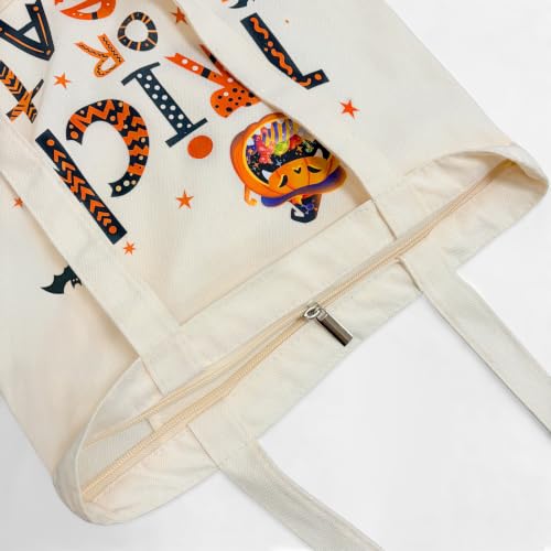 Canvas Tote Bag with Zipper, Halloween Trick or Treat Bags for Kids Bulk - color: [A0] Halloween - Beige