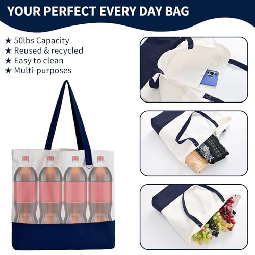 6-Pack Canvas Tote Bags with Zipper, Large Grocery Tote, Navy Blue - color: Navy Blue/White