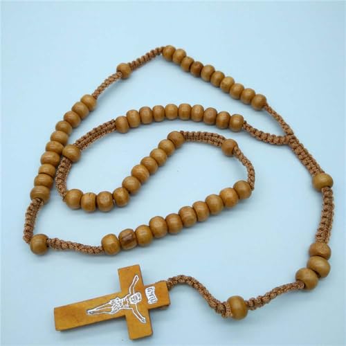 Natural Wood Beaded Cross Rosary Necklace Boho Handmade 8MM Wooden Beads with Jesus Cross Lightweight Rope Necklace for Men Women Religious Christian Prayer Fashion Jewelry Gifts - color: Light brown color