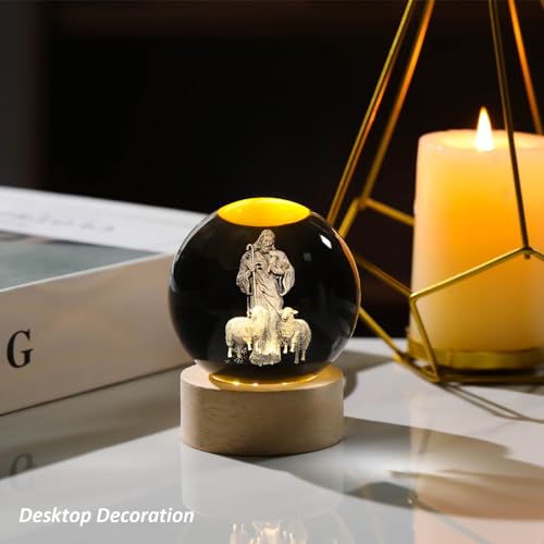 Arikyrist 3D Crystal Jesus Figurine Statue Night Light, Laser Engraved Crystal Christian Catholic Religious Easter Gift with Wooden Base - color: 3d Jesus#3