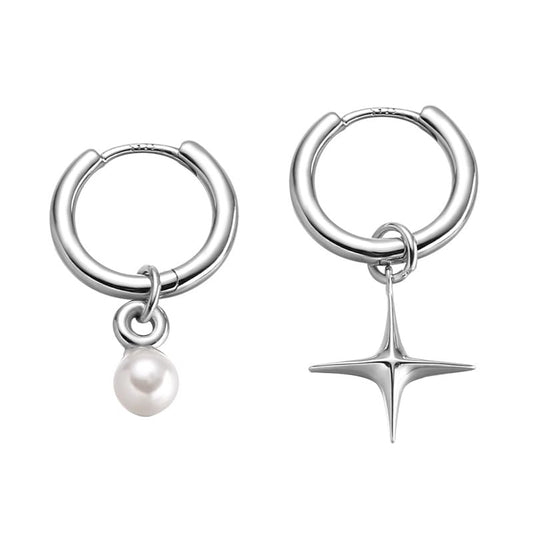 Asymmetric Cross Star Pearl Dangle Drop Hoop Earrings 925 Sterling Silver Post Small Huggie Hoops Charm Dangling Earring Cartilage Hypoallergenic Studs Fashion Jewelry for Women Daughter Niece