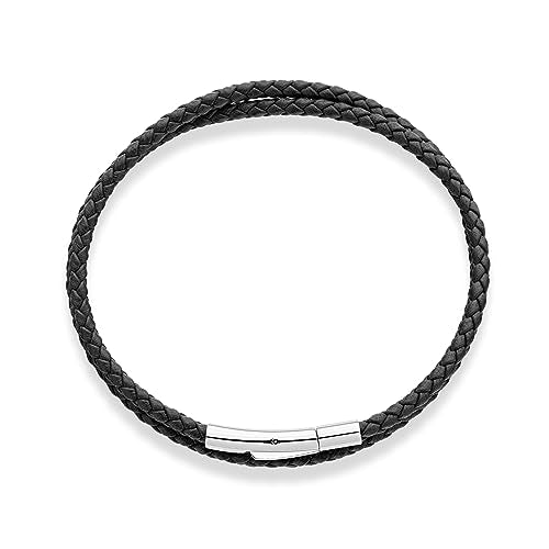 Miabella Genuine Italian Double Wrap Braided Leather Bracelet for Men Women, Stainless Steel Clasp, Made in Italy - color: Black, size: Large - 9" Length