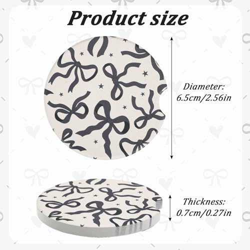2Pcs Car Coasters for Cup Holders, Black Bow Absorbent Car Cup Coaster