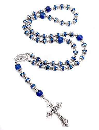 Nazareth Store Deep Blue Crystal Beads Rosary Blue Agate Glory Stone Beaded Necklace Miraculous Medal & Cross Crucifix Religious Rosaries Collection