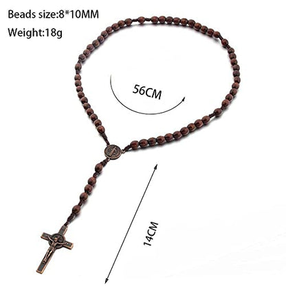 tenghong2021 Wooden Christian Catholic Rosaries Necklace Prayer Beads Holy Cross Catholic Wood for Men Women Pastor - color: Light Brown + Dark Brown