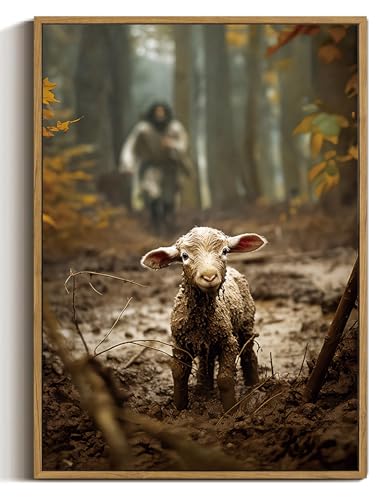 Jesus Running After Lost Lamb Framed Canvas Wall Art 16x24 inch - color: Run after, size: 16"x24" Natural