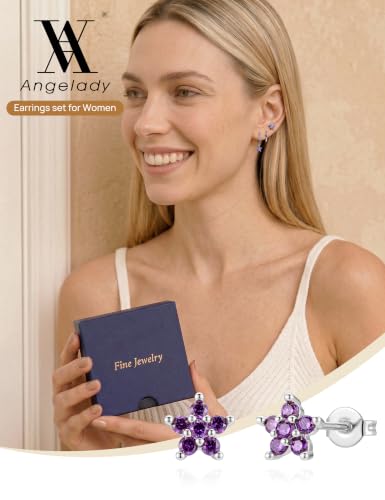 Angelady Gold Hoop Earrings Set for Women, Dainty 14K Gold Plated Flower Moon Cross Dangle Earrings, Hypoallergenic Huggie Hoop Earring Stacks, Stud Earrings for Women Trendy Jewelry Gift - color: Silver Purple CZ