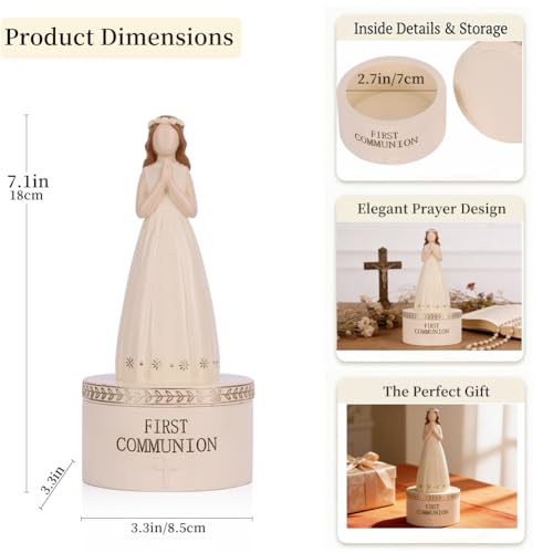 First Communion Gifts for Girls, 1st Holy Communion Gift with Prayerful Girl Figurine and Keepsake Box, Catholic Religious Keepsake, Jewelry Memory Box, First Communion Decor Gift