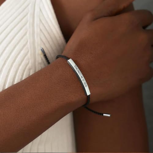 God is in Control Leather Bracelet, Stainless Steel Christian Faith Braided Engraved Bar Bracelets Self Worth Motivation Bracelet Inspirational Friendship Jewelry for Men Women - color: Black&Silver
