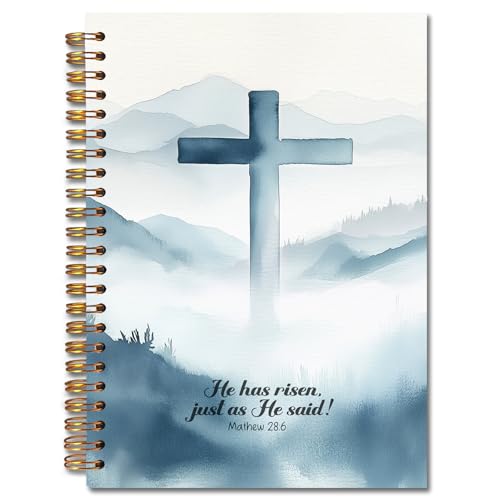 Exqcom Easter Christian Spiral Notebook, He Has Risen Bible Verse Journal Gifts for Women, Watercolor Blue Cross Religious Hardcover Notebook Journal Church Office School Supplies, 5.5x8.3 - color: white Bible Notebook-V