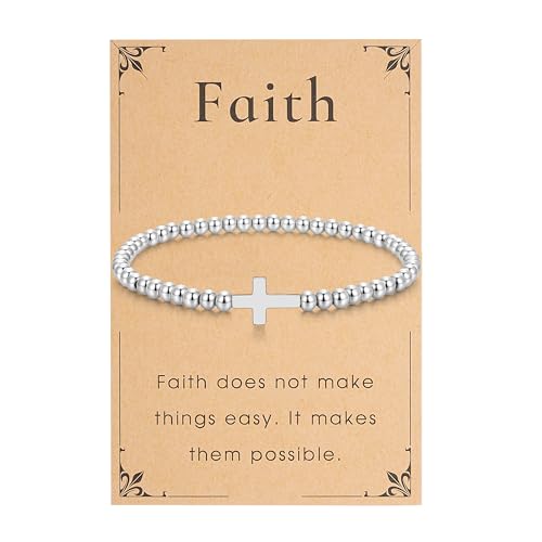 morniface Beaded Bracelet for Women, Handmade Stretch Bracelet with Charms, Dainty Stackable and Trendy Jewelry Gift - style: Silver Beaded-cross