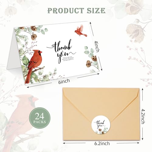 C2U 24 Pack Funeral Thank You Cards with Envelopes & Stickers – Cardinal Bird Branch Sympathy Cards for Bereavement, Memorial Service – Pre-Printed Condolence Cards with Space to Write – 4x6 Inch Acknowledgment Notes for Loved Ones (24)