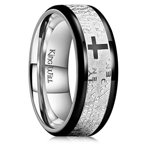 King Will Stainless Steel Men Ring Lord's Prayer Cross Ring Stainless Steel Men Wedding Ring, Wedding Band Bible Engraved Rings High Polished, Comfort Fit - color: black