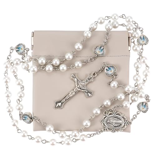 Rosary Beads Catholic, Rosary Necklace with Leather Pouch with Magnetic Top Bag for Men and Women Christian Gifts - color: White