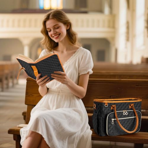 Large Bible Bag with Bible Cover Case for Women Quilted Church Tote Bags for Bible Study, Adjustable Shoulder Strap - color: Black