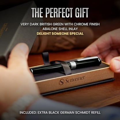 Scriveiner Black Green Rollerball Pen - Stunning Luxury Pen, Chrome Finish, Schmidt Ink Refill, Best Roller Ball Pen Gift Set for Men & Women, Professional, Executive Office - color: 15. Very Dark Black Green with Chrome