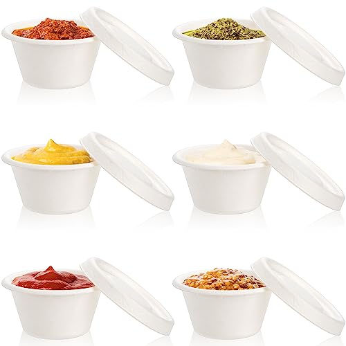 Yesland 200 Pcs 2 oz Natural Bagasse Fiber Cups with Lids, White Paper Tasting Cups Disposable Sample Food Cup, Sauce Containers for Snack Tasting Charcuterie(200 Cups & 200 Lids) - color: White