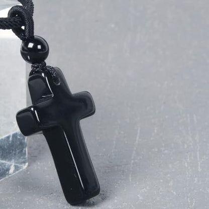 Justinstones Natural Gemstone Carved Cross Reiki Chakra Pendant Necklace 22 Inch - color: 30mm Black Obsidian