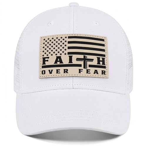 Faith Over Fear Christian Hats for Men Women, American Flag Trucker Hat, Religious Gifts for Thanksgiving Christmas - color: White