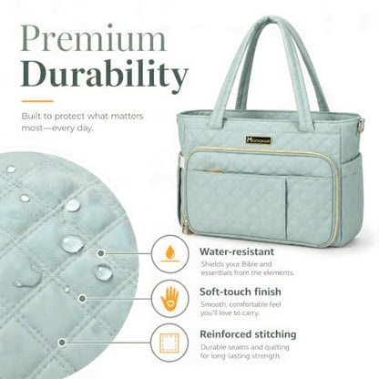 Large Bible Bag with Cover for Women, Quilted Church Tote, Sage Green