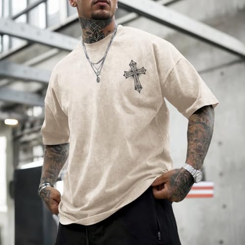 Vintage Goth Punk Shirts for Men Grunge Streetwear Oversized Tshirts Gothic Cross Graphic Tees Y2k Acid Wash T Shirt - color: Apricot, size: Small