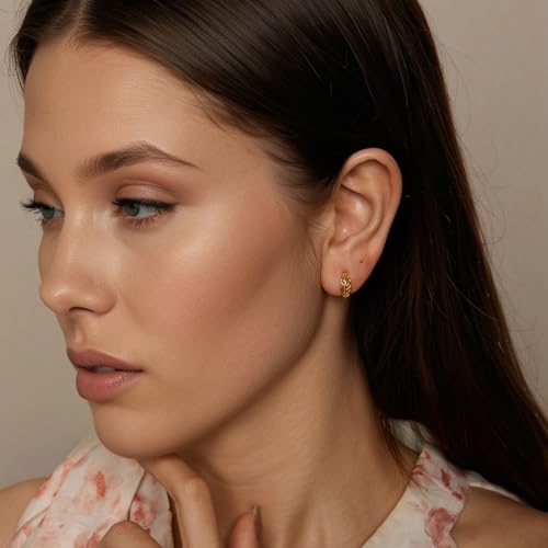 Turquoise Cross Hoop Earrings for Women 14K Gold Plated Infinity Angel Feather Pearl Turquoise Cross Star Hypoallergenic Post Christan Everyday Huggie Jewelry Gift - color: Gold Leaf