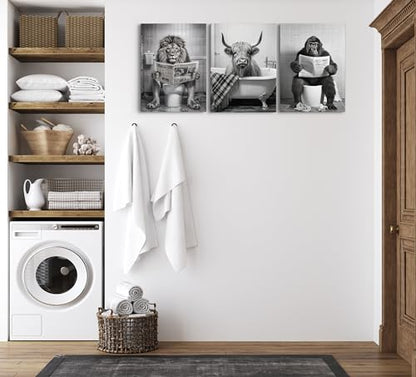 Funny Animal Canvas Wall Art - Black and White Bathroom Decor, Set of 3 Ready to Hang (12''x16'') - color: Bathroom
