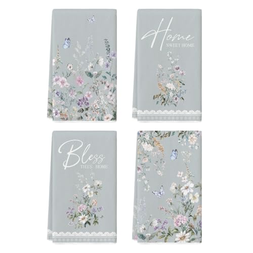 Artoid Mode Butterfly Floral Bless Home Spring Kitchen Towels Dish Towels, 18x26 Inch Farmhouse Summer Decoration Cleaning Set of 4