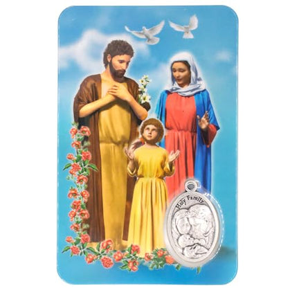 Holy Prayer Card with Built-In Medal Pendant | Laminated Full-Color Prayer Card | Great Variety | Great Christian Gift for First Communion and Confirmation (Holy Family Prayer Card with Medal) - color: Holy Family Prayer Card with Medal