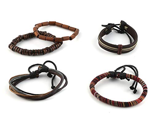 HZMAN Handmade Hemp Cords Wood Beads Leather Bracelets for Men Women - style: Classic Style